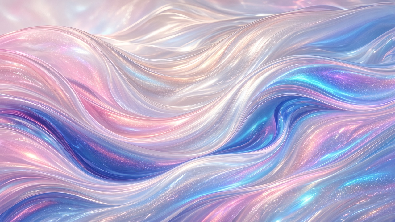 Smooth flowing holographic iridescent waves in pastel pink, blue and silver, original AI aesthetic wallpaper