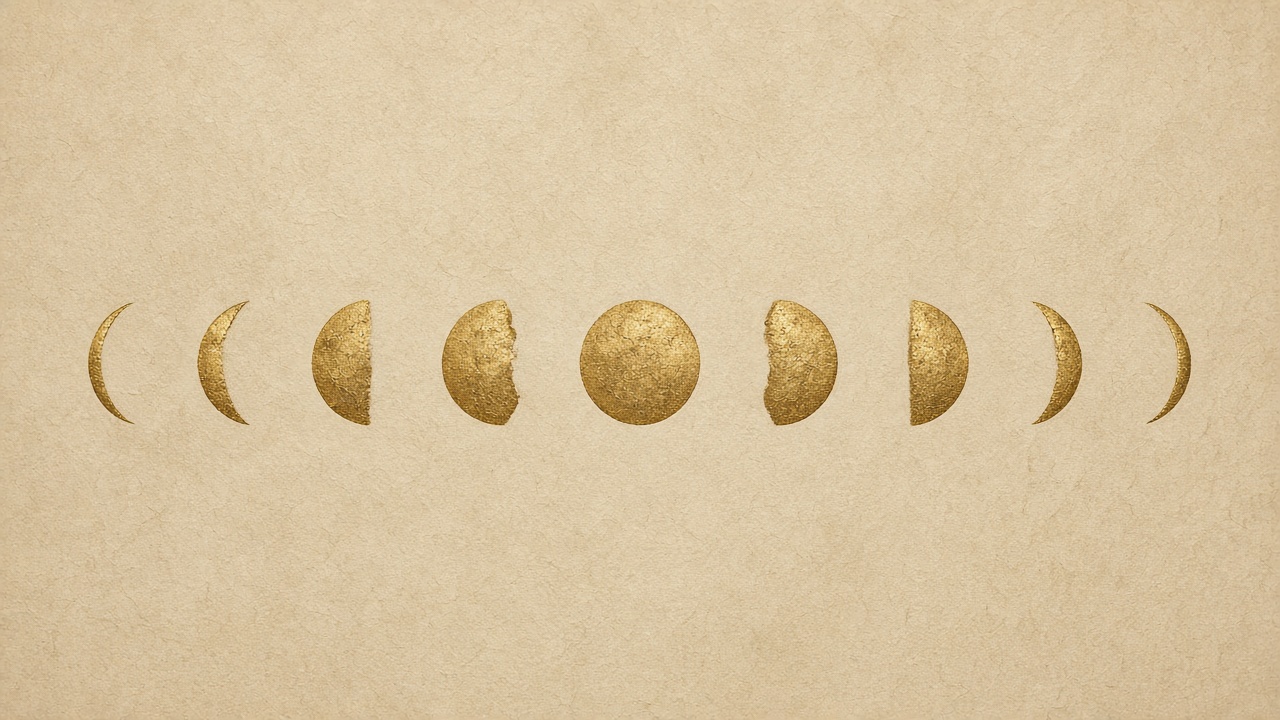 Minimal aesthetic row of moon phases in soft gold on a warm beige textured background, original AI aesthetic wallpaper