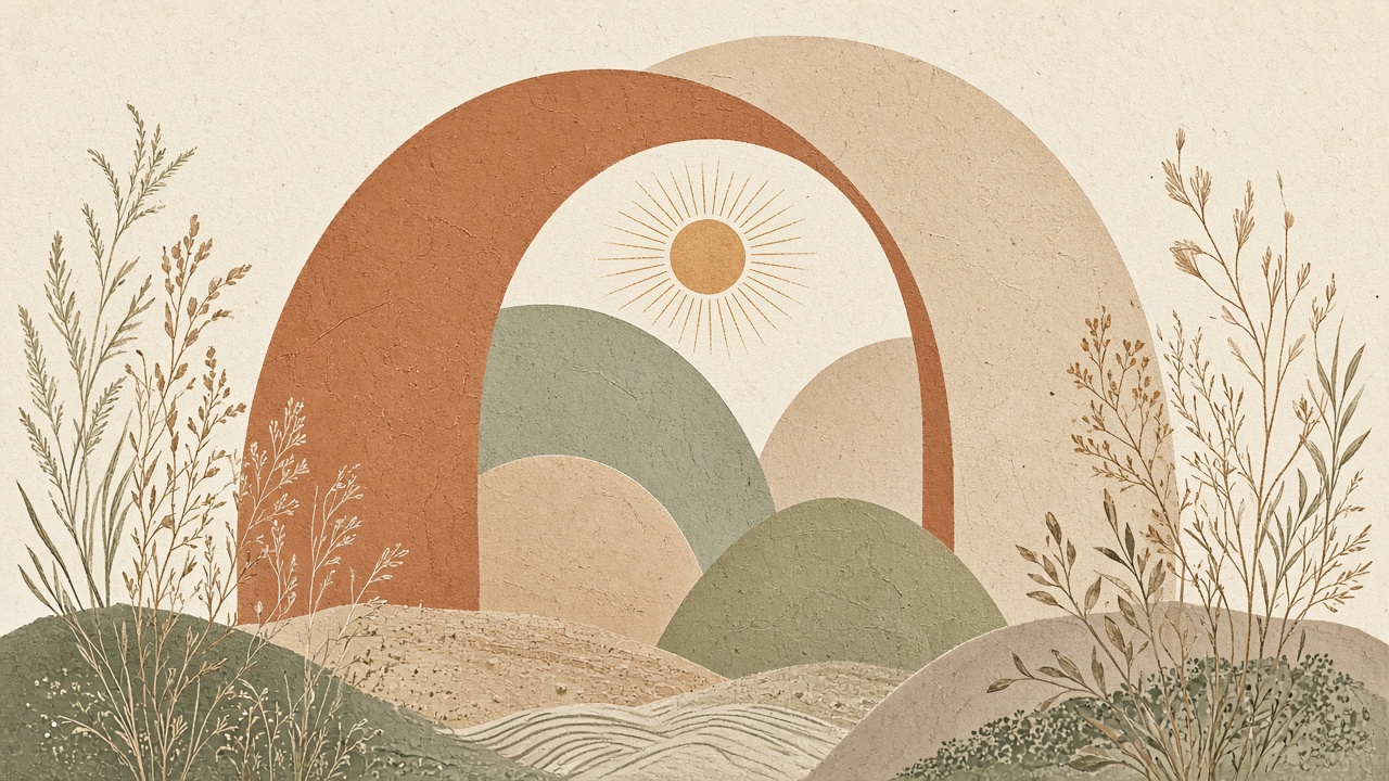 Minimal boho illustration of layered terracotta, beige and sage arches with a small sun, original AI aesthetic wallpaper