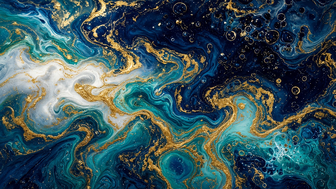 Acrylic pour fluid art with swirling teal, navy, gold and white cells, glossy, original AI aesthetic wallpaper