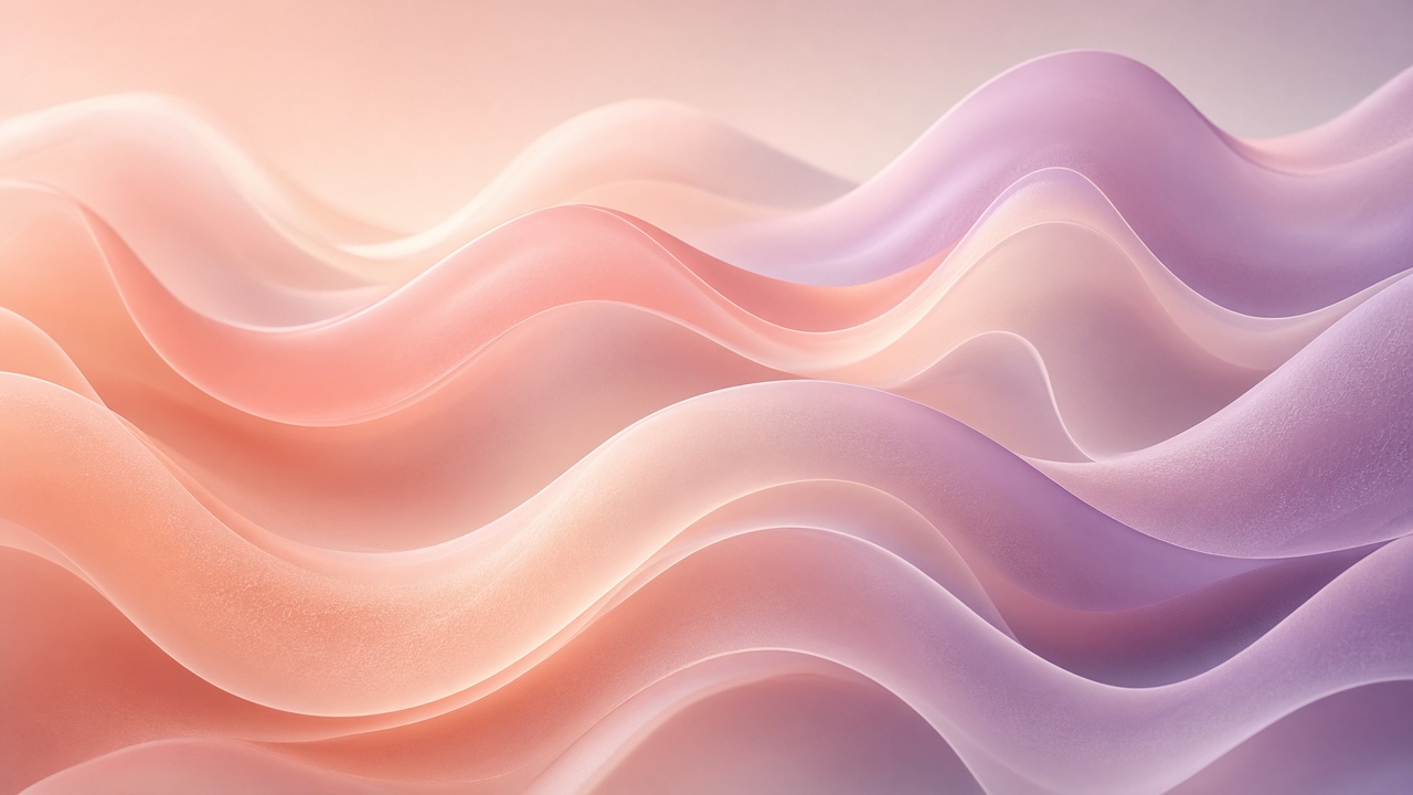Layered translucent frosted glass waves in peach, coral and lavender, soft studio light, 3D render, original AI aesthetic wallpaper
