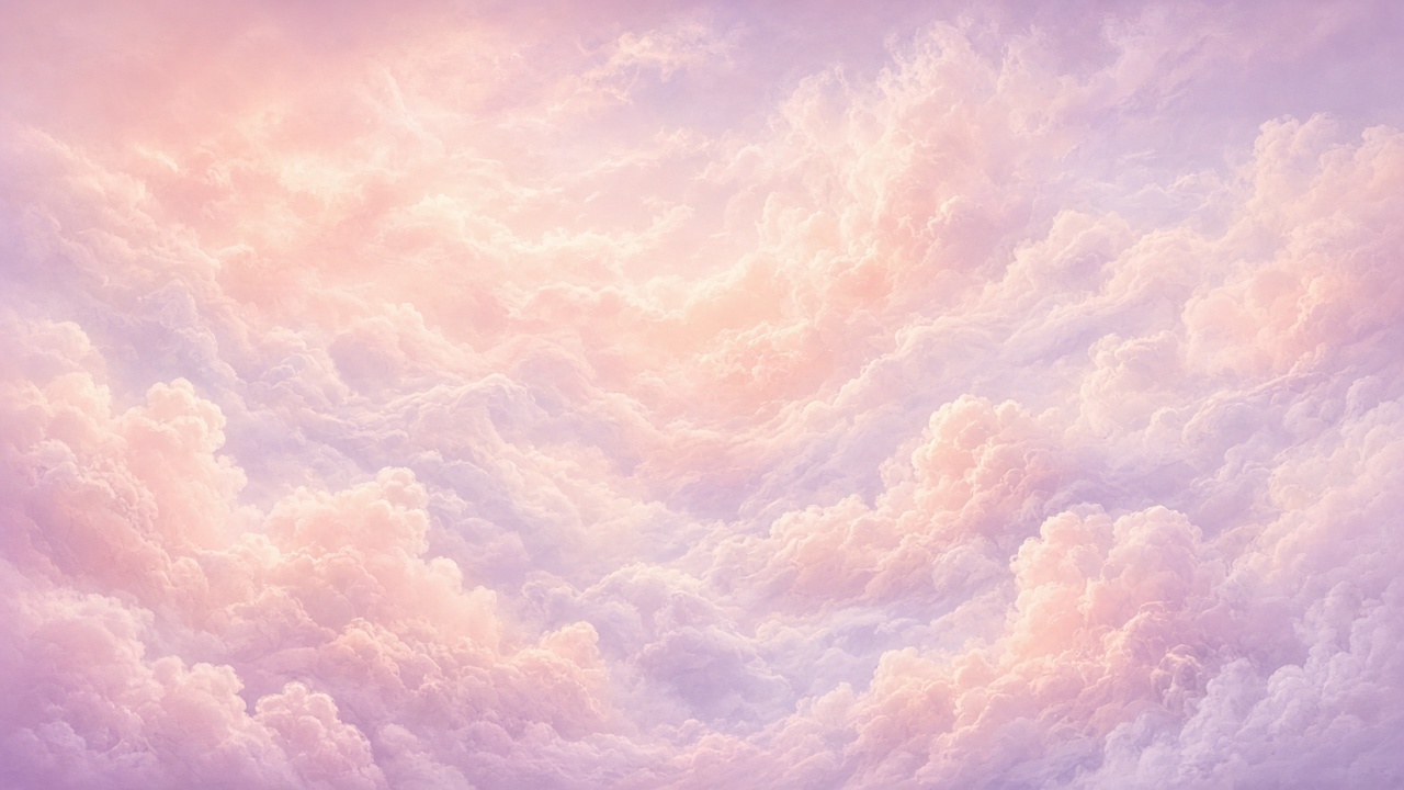 Soft pink, peach and lilac cotton candy clouds filling a dreamy pastel sky, gentle and calming, original AI aesthetic wallpaper