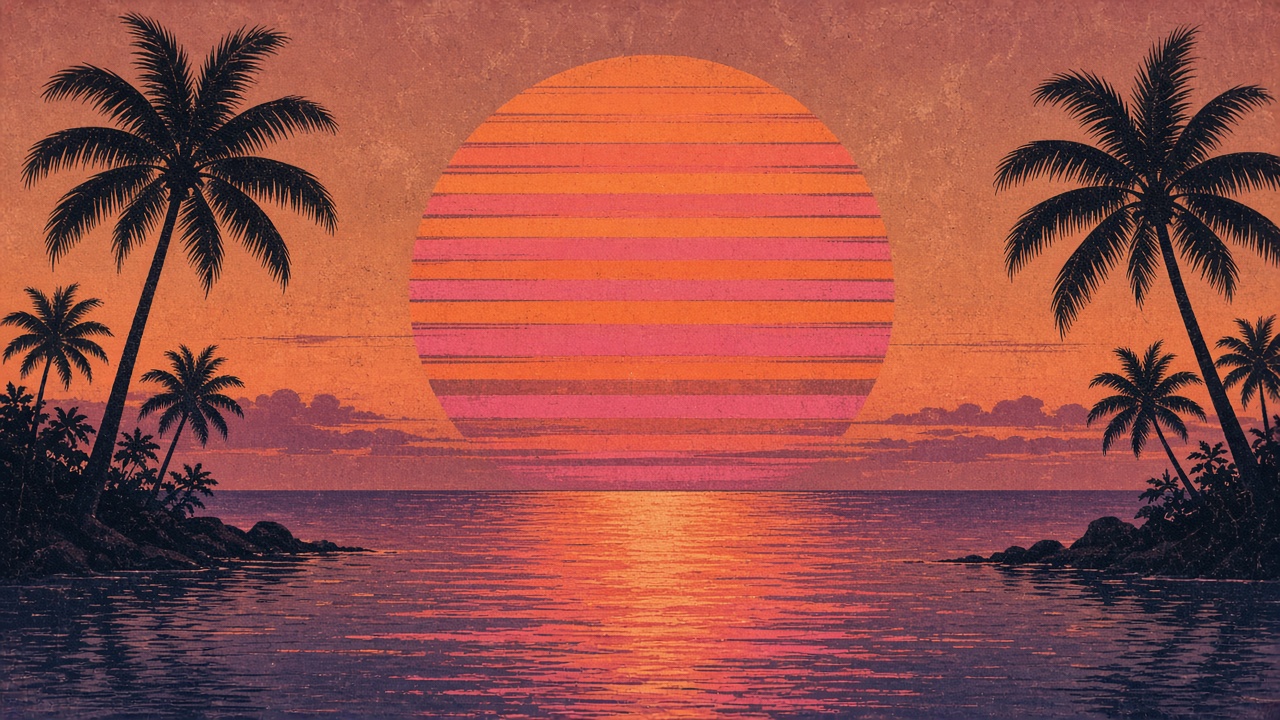 Retro aesthetic big striped orange and pink sun setting behind black palm tree silhouettes over calm water, original AI aesthetic wallpaper