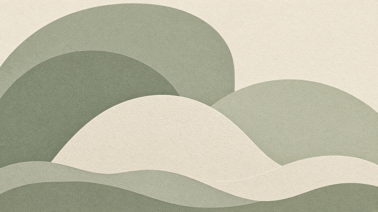 Minimal aesthetic layered soft sage green and cream arch shapes with subtle paper texture, original AI aesthetic wallpaper