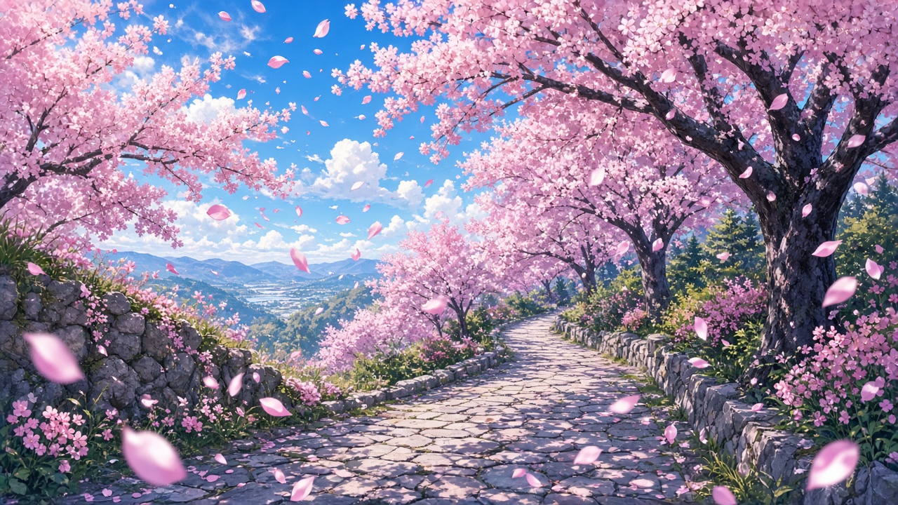 Anime-style landscape of a stone path under cherry blossom trees with petals swirling, bright spring sky, original AI anime-style wallpaper