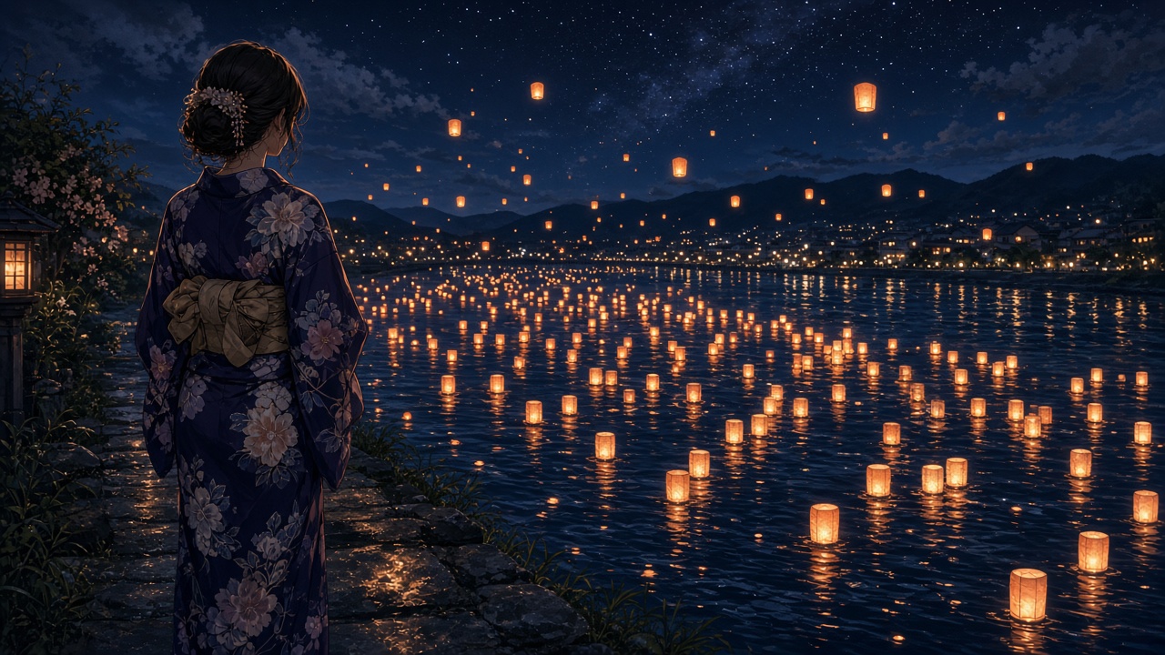 Anime style scene of an adult woman in a yukata watching hundreds of floating lanterns drift down a river at night, seen from behind, original AI anime-style wallpaper