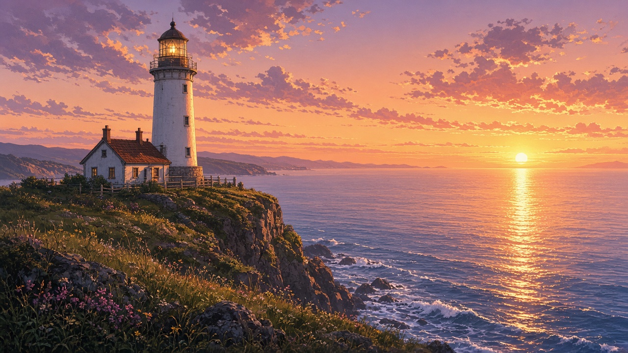 Anime-style white lighthouse on a grassy cliff above the sea at warm sunset, no people, original AI anime-style wallpaper
