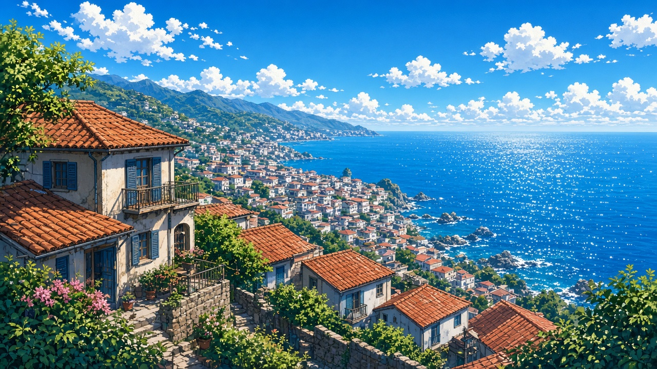 Anime style hillside seaside town with tiled roofs overlooking a sparkling blue ocean on a summer afternoon, original AI anime-style wallpaper