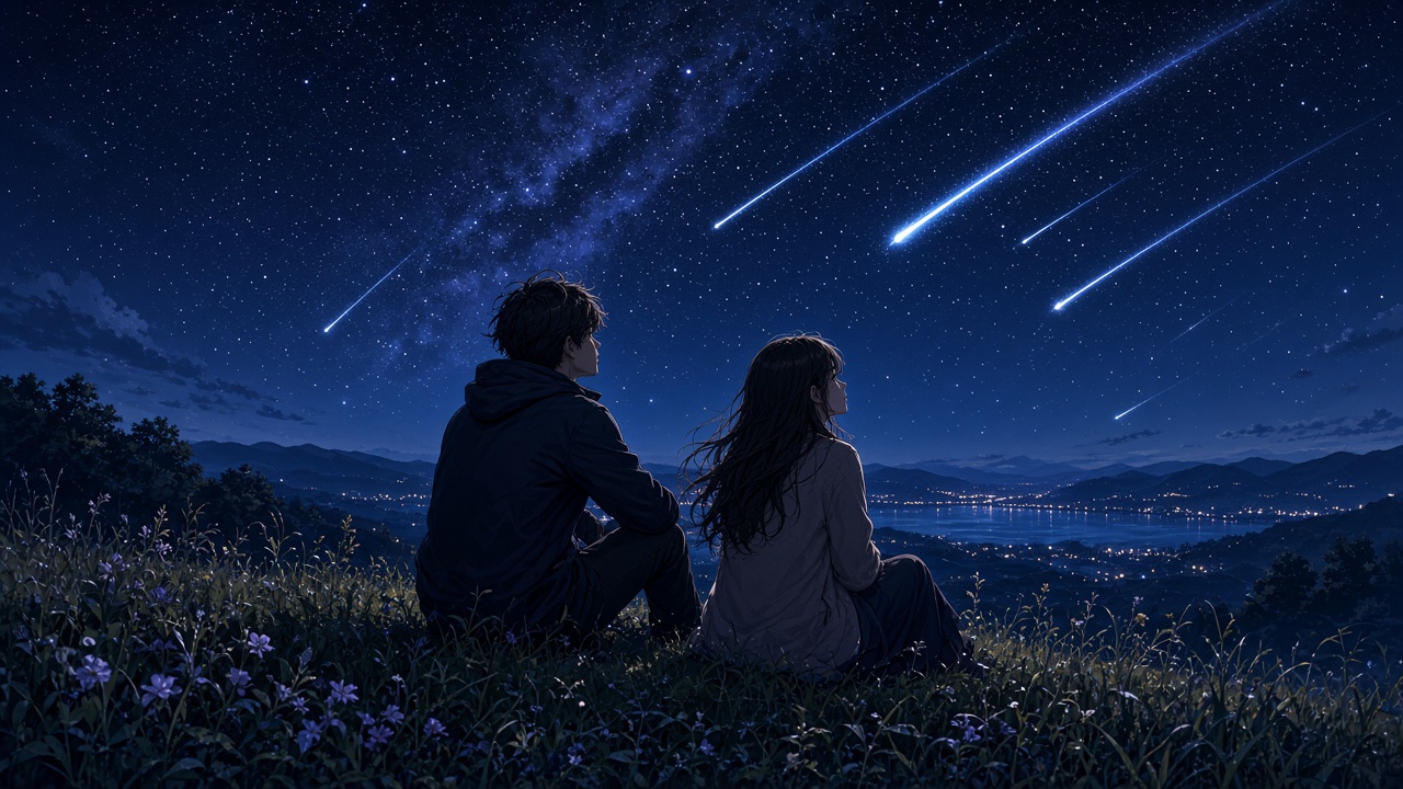 Anime-style night scene of two original adults sitting on a grassy hill watching a meteor shower, original AI anime-style wallpaper