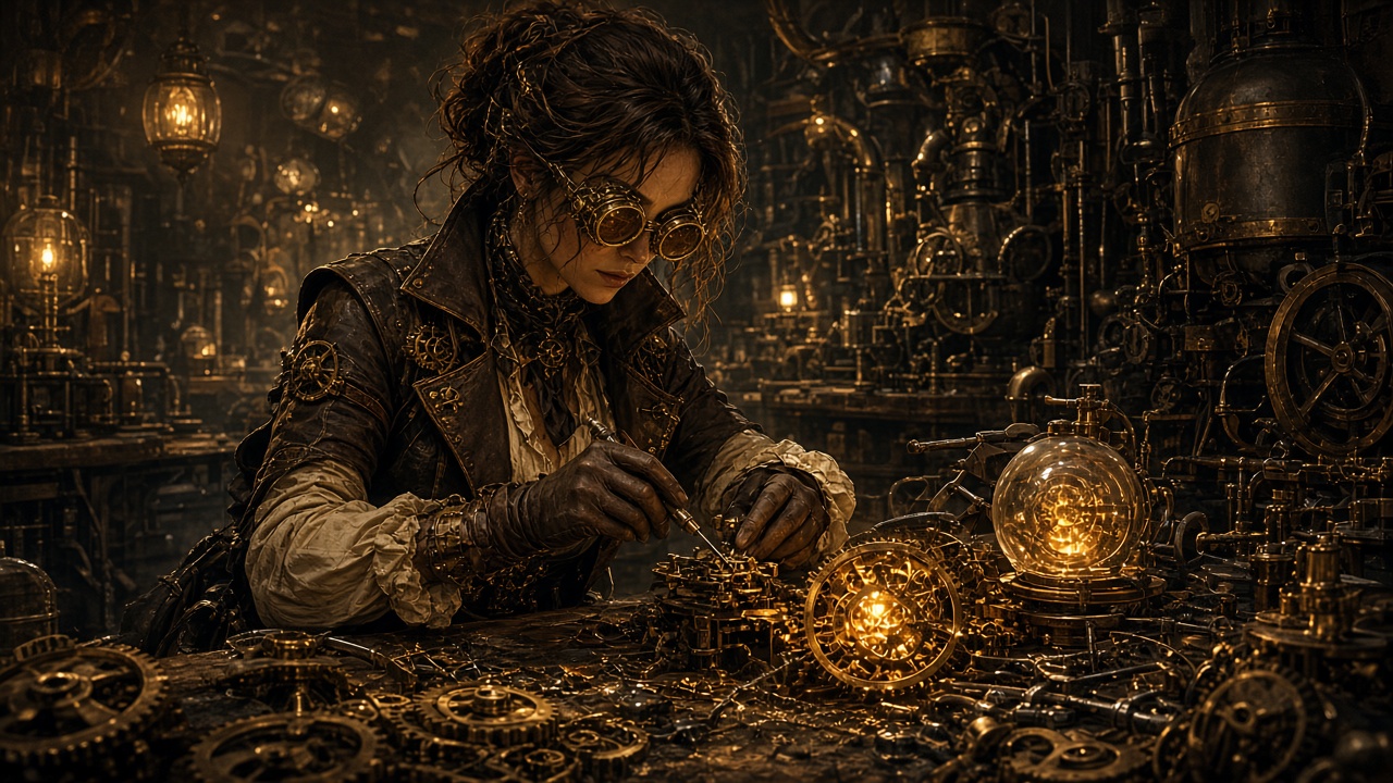 Original adult steampunk inventor woman with brass goggles working among glowing gears in a cluttered workshop, original AI character wallpaper