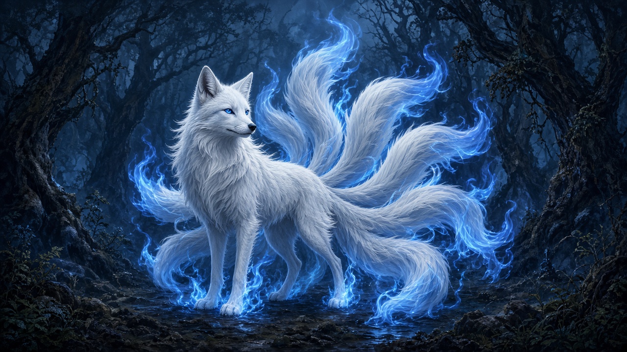 Original nine-tailed white fox spirit with glowing blue flames in a dark forest, fantasy creature art, original AI character wallpaper