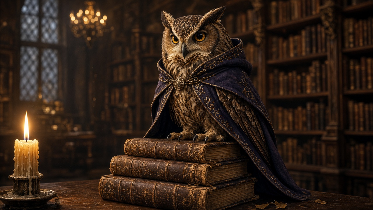 Original wise owl wearing a small wizard cloak perched on old books in a candlelit library, original AI character wallpaper