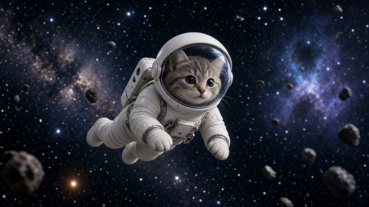 Original cat in a tiny astronaut suit floating among stars, playful 3D render, no patches, original AI character wallpaper