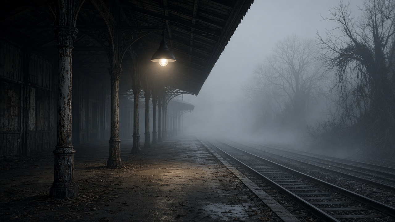 Empty abandoned train station platform in thick fog with a single hanging lamp glowing, cinematic mood, original AI cinematic wallpaper