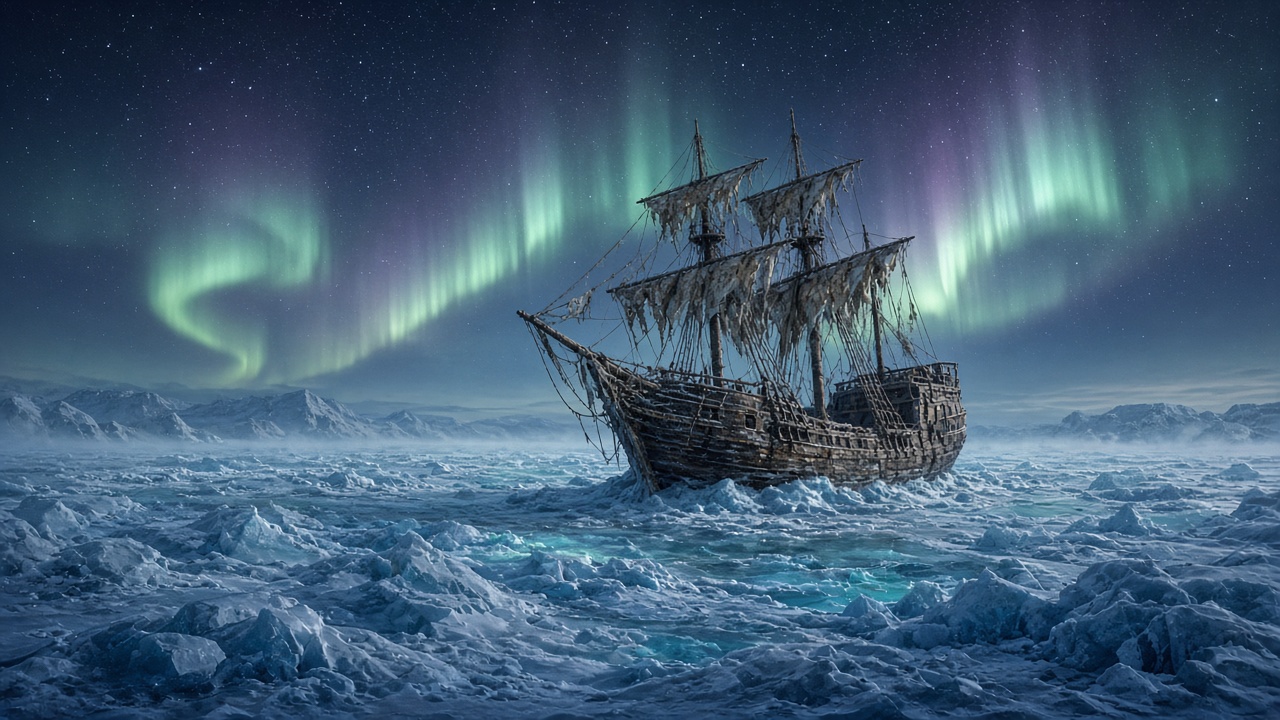 Old wooden sailing ship frozen in arctic pack ice under a pale aurora, cinematic, original AI cinematic wallpaper