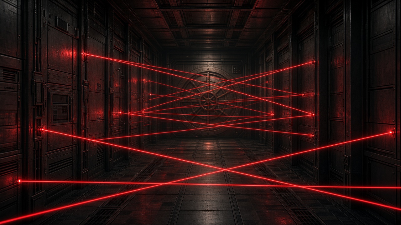 Bank vault corridor crisscrossed with red security laser beams, cinematic thriller lighting, no people, original AI cinematic wallpaper