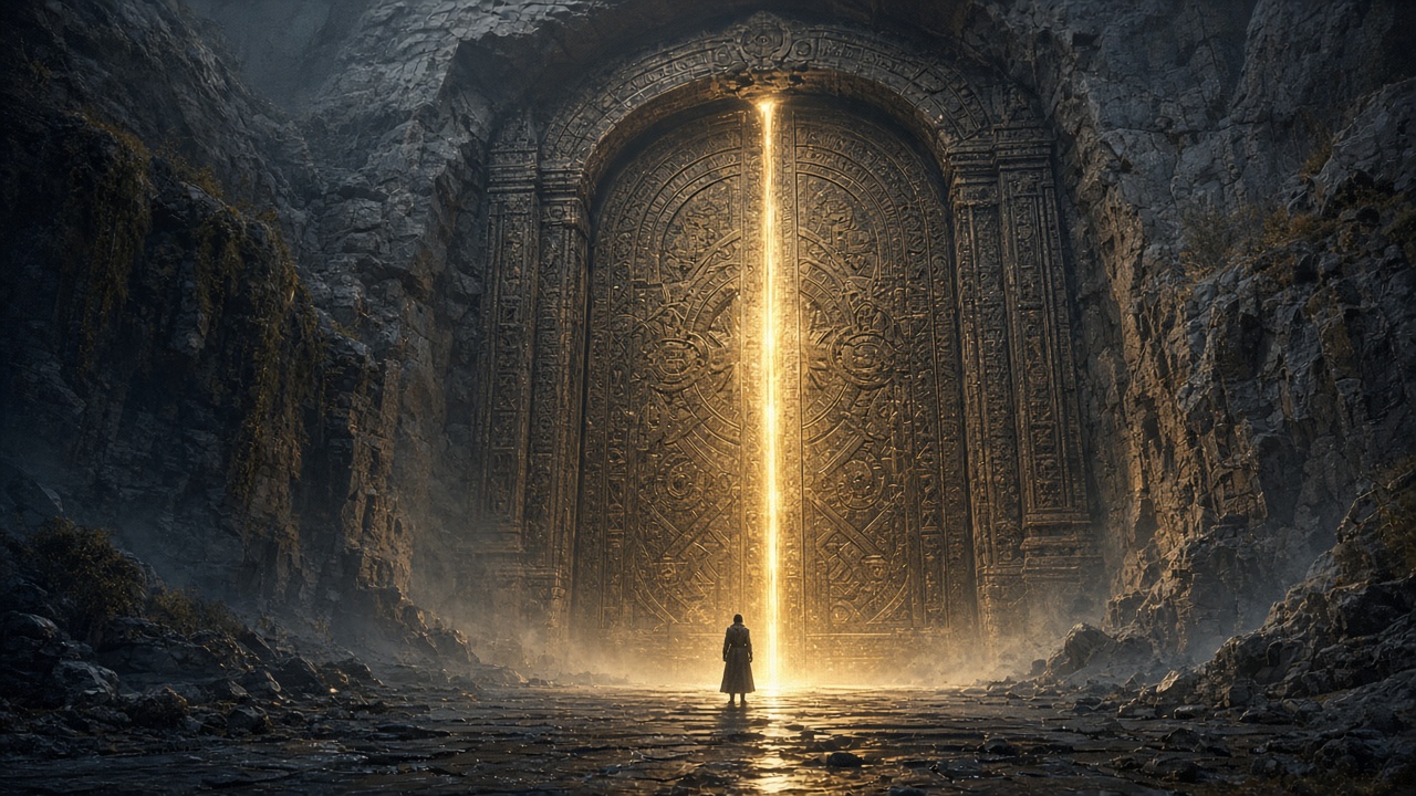 Tiny adult figure standing before an enormous ancient stone door glowing with light at its seams, cinematic epic scale, original AI cinematic wallpaper