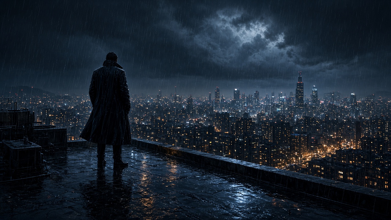 Cinematic rain-soaked rooftop at night with a lone adult figure in a long coat overlooking a glowing city, original AI cinematic wallpaper