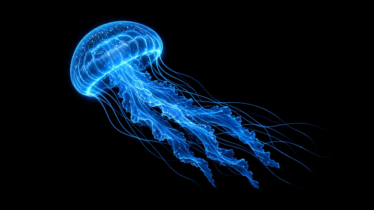 Single bioluminescent blue jellyfish with trailing glowing tentacles floating on a pure black background, original AI dark AMOLED wallpaper