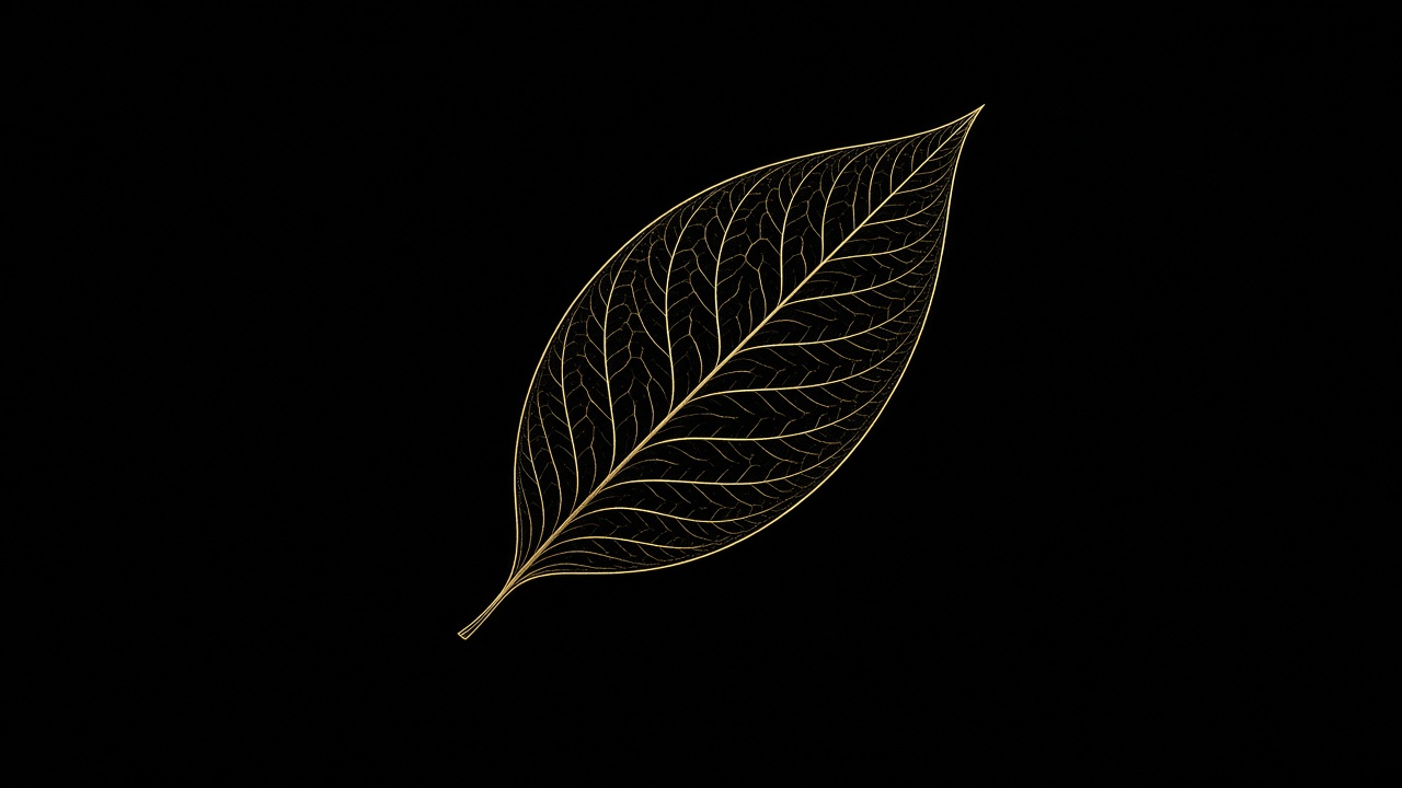 Elegant thin gold line art of a single leaf on pure black background, original AI dark AMOLED wallpaper
