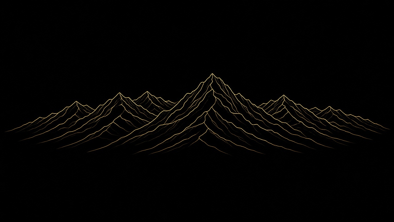 Minimal thin gold line art of mountain ridges on a pure black background, elegant and simple, original AI dark AMOLED wallpaper