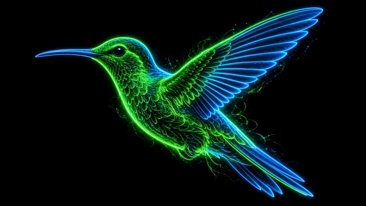 Glowing neon green and blue hummingbird outline on pure black background, original AI dark AMOLED wallpaper