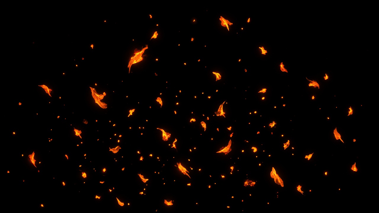 Drifting orange ember sparks and tiny flames floating upward on a pure black background, original AI dark AMOLED wallpaper