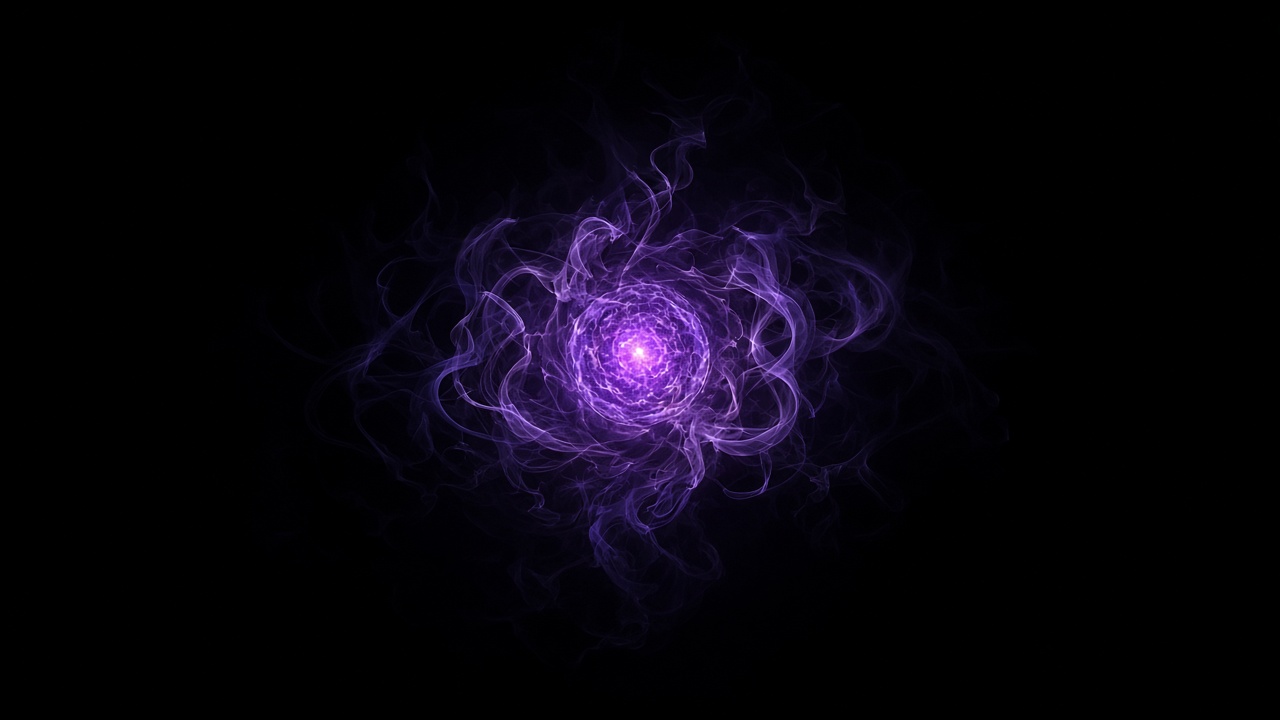 Small glowing violet energy orb with fine swirling smoke tendrils centered on a deep pure black background, original AI dark AMOLED wallpaper