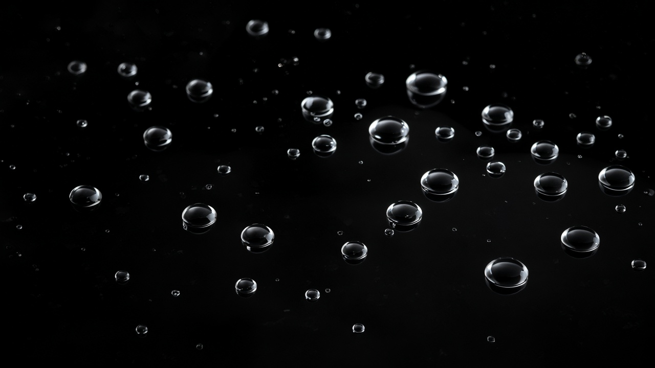 Scattered silver water droplets catching light on a pure black glossy surface, minimal and elegant, original AI dark AMOLED wallpaper