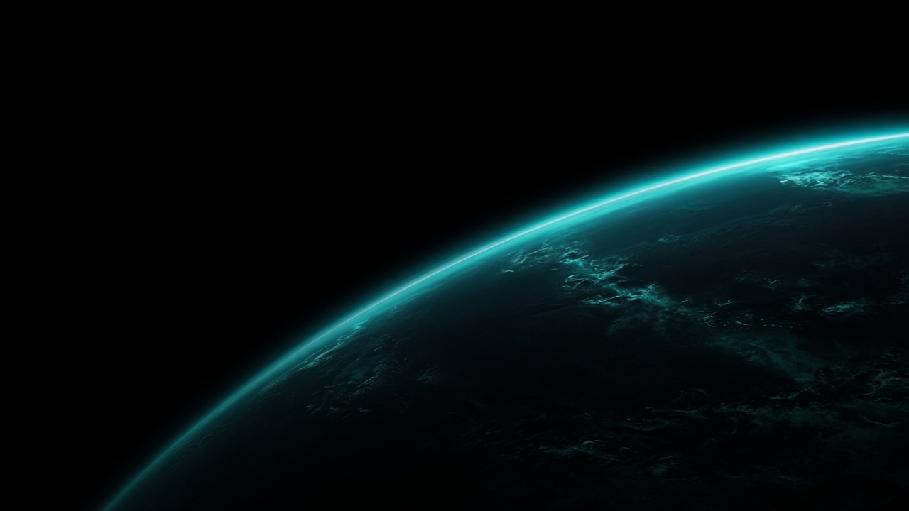 Thin glowing teal atmospheric edge of a dark planet curving across a pure black background, original AI dark AMOLED wallpaper