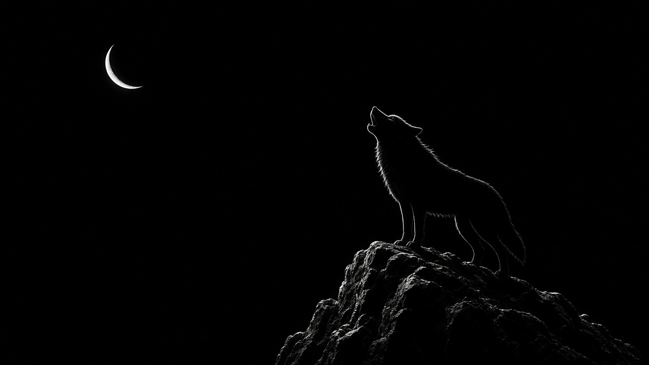 Silhouette of a wolf howling on a rock beneath a thin white crescent moon on a pure black background, original AI dark AMOLED wallpaper