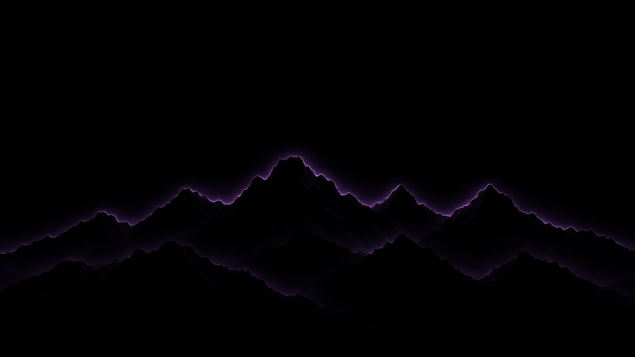 Black mountain silhouettes with a faint thin purple glow line on the ridge, pure black sky, original AI dark AMOLED wallpaper