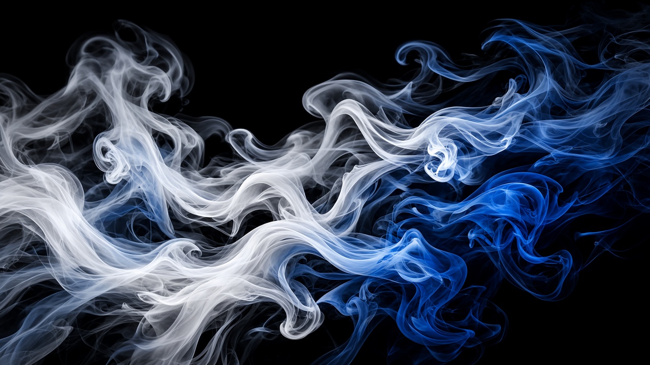 Delicate white and blue smoke wisps curling on a pure black background, high contrast, original AI dark AMOLED wallpaper