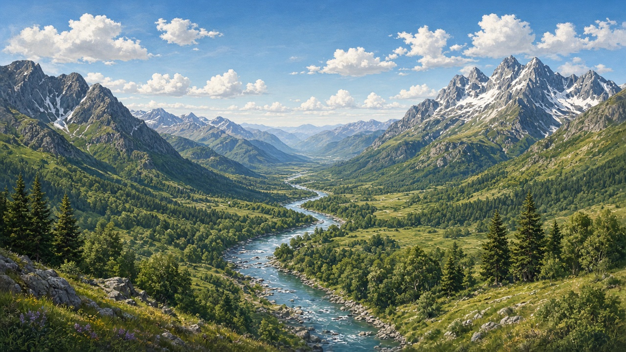 Very wide panoramic green valley with river and mountains, balanced across the frame, original AI device wallpaper