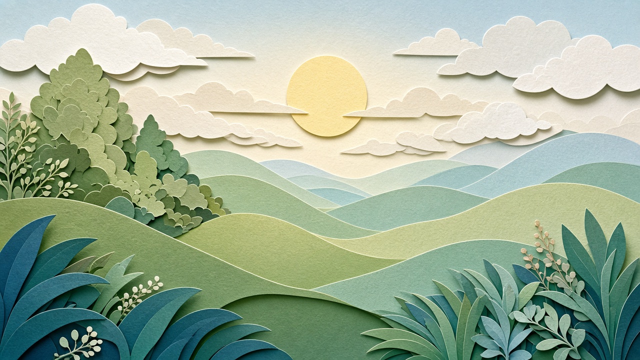 Layered paper-cut style rolling hills in pastel greens and blues with a soft sun, original AI device wallpaper