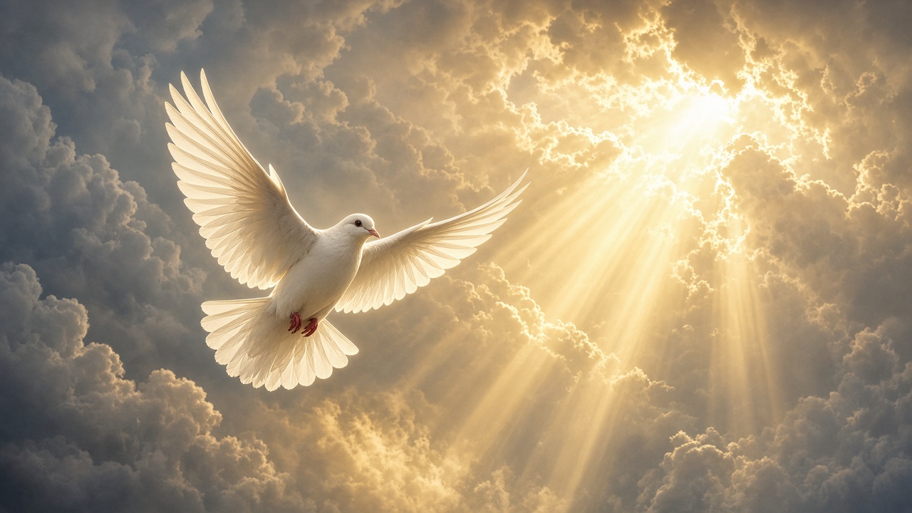 White dove flying through golden rays of light breaking through soft clouds, original AI spiritual wallpaper