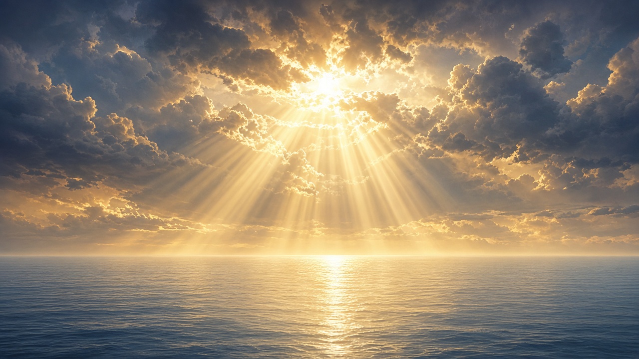 Radiant sun rays bursting through dramatic clouds over a calm sea, peaceful and hopeful, original AI spiritual wallpaper