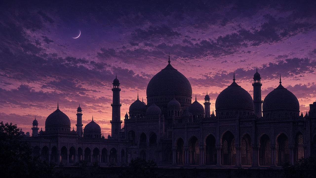 Elegant mosque domes and arches silhouetted against a purple dusk sky with a crescent moon, original AI spiritual wallpaper