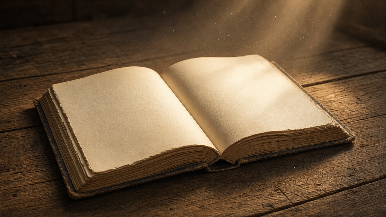 Old open book with blank pages resting on a wooden table in a beam of warm window light, dust motes, original AI spiritual wallpaper