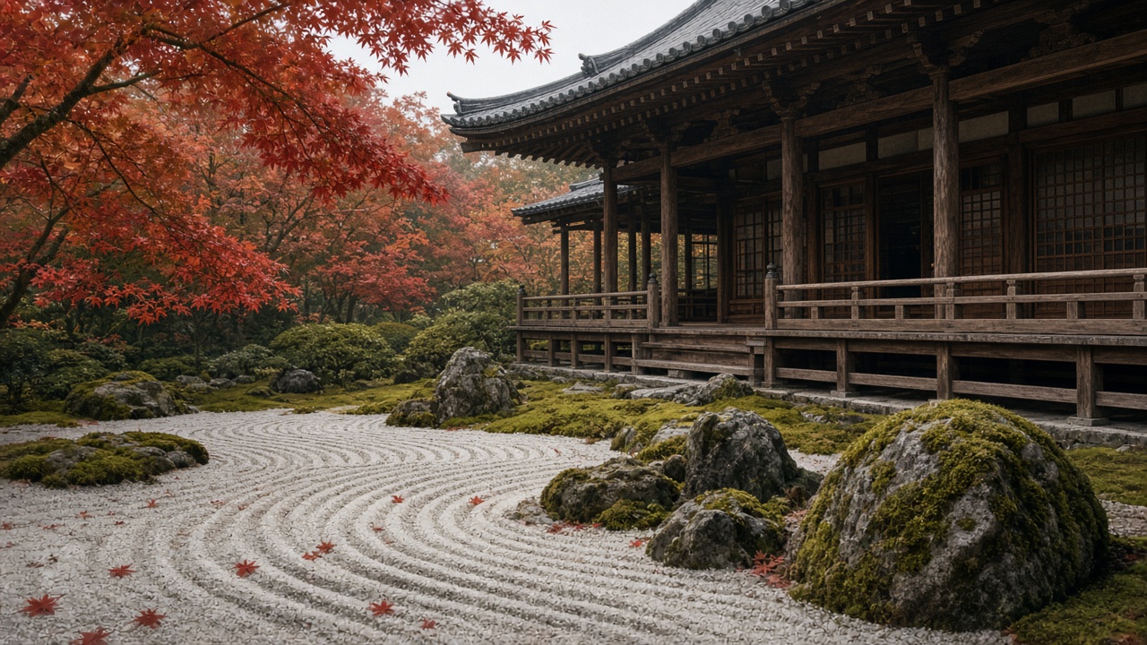 Raked gravel zen garden with mossy stones beside a quiet wooden temple, maple leaves, original AI spiritual wallpaper