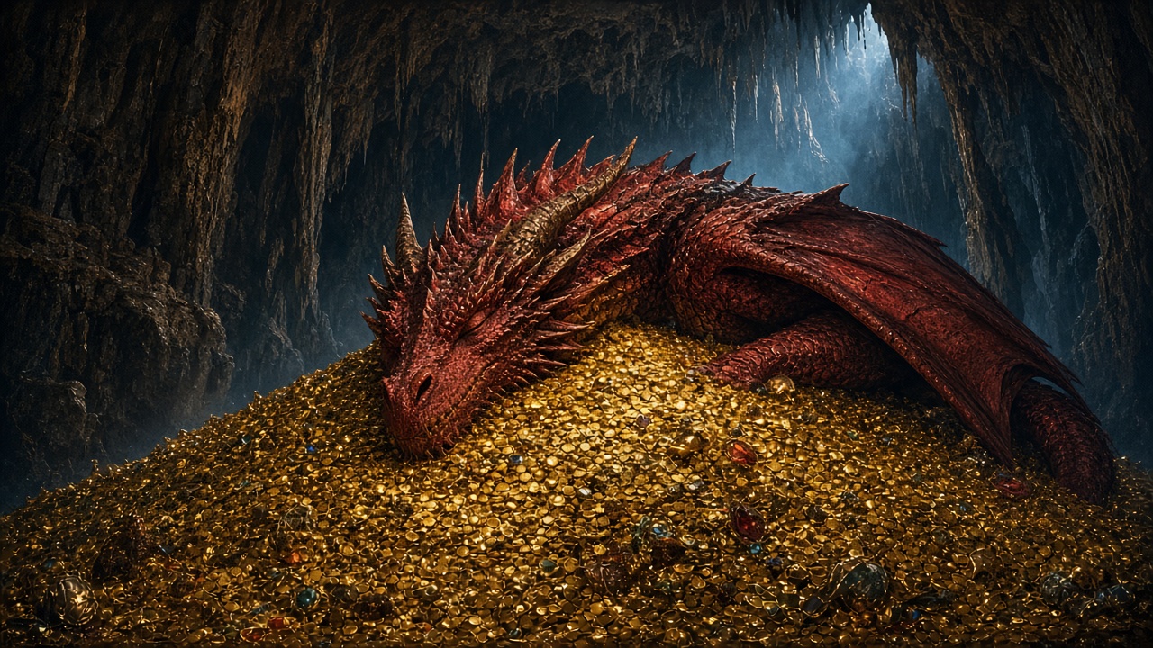 Enormous ancient red dragon sleeping on a mountain of gold coins in a vast cavern, original AI fantasy wallpaper