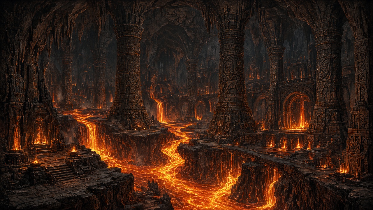 Vast underground stone hall with glowing forges, rivers of molten metal and giant pillars, original AI fantasy wallpaper