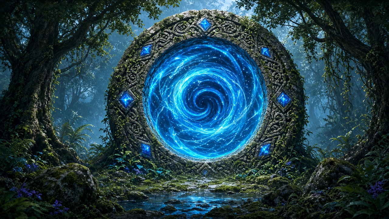 Glowing magical stone portal ring in an ancient forest clearing, swirling blue light, original AI fantasy wallpaper