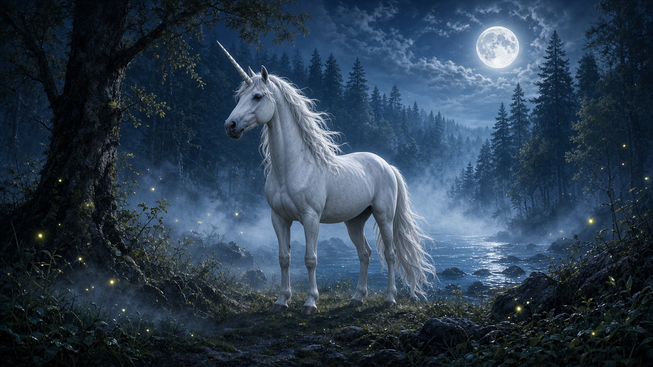White unicorn standing in a moonlit forest glade with fireflies and silver mist, original AI fantasy wallpaper