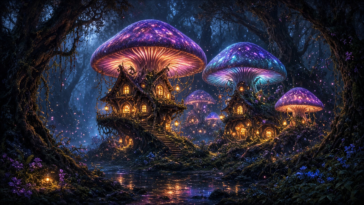 Tiny village of houses built inside giant glowing mushrooms in a dark enchanted forest, original AI fantasy wallpaper