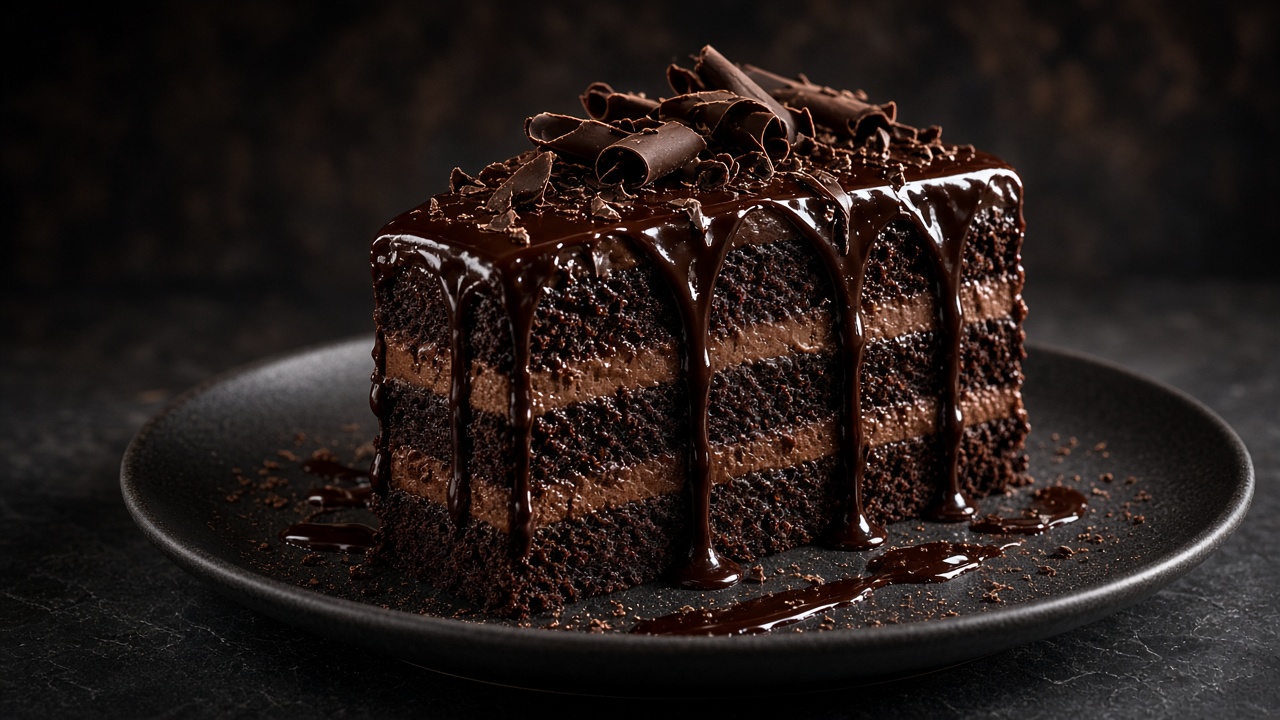 Slice of rich layered chocolate cake with glossy ganache drip on a dark plate, original AI food wallpaper