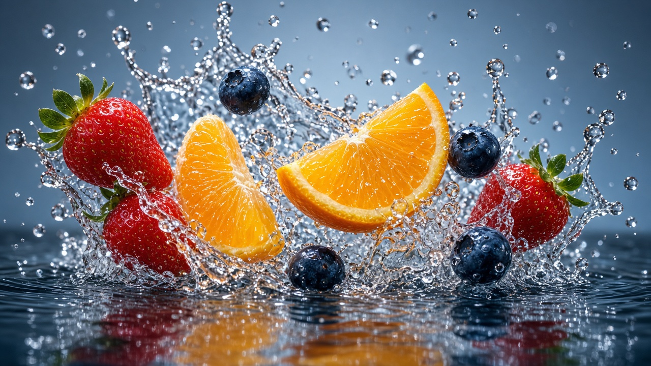 Strawberries, oranges and blueberries splashing into clear water, high-speed photography, original AI food wallpaper