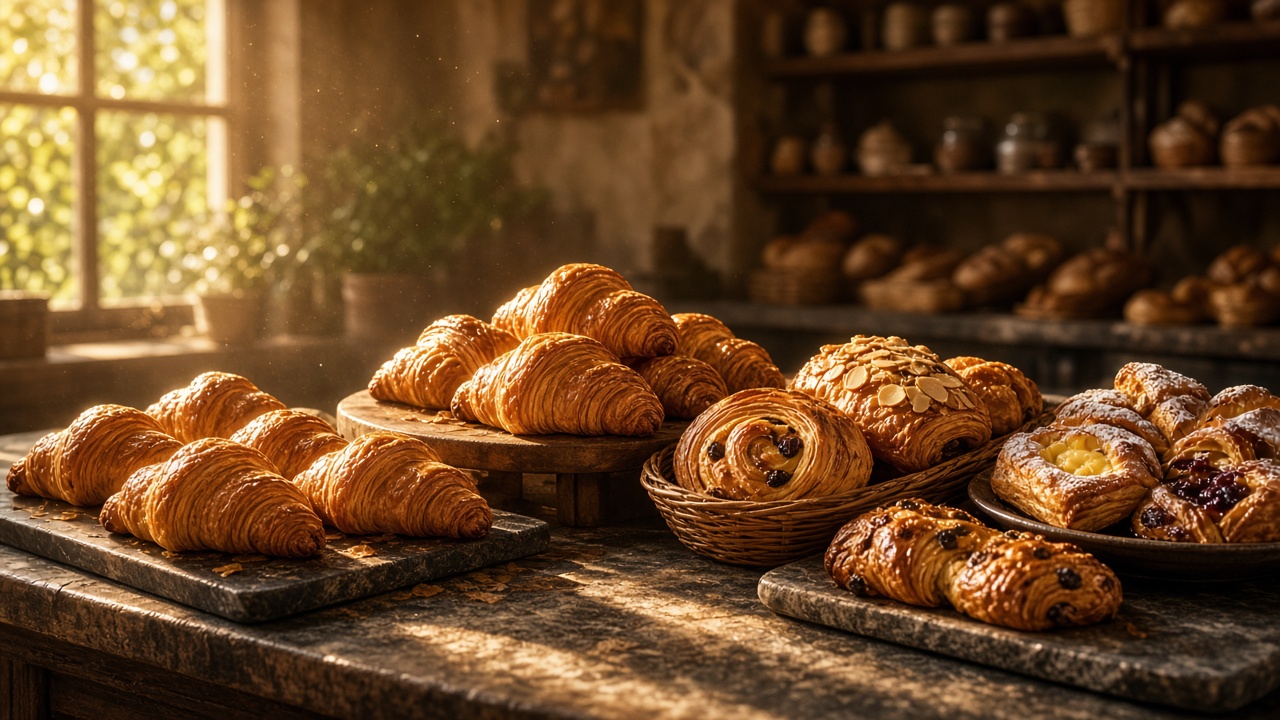 Golden croissants and pastries on a bakery counter in warm morning light, original AI food wallpaper