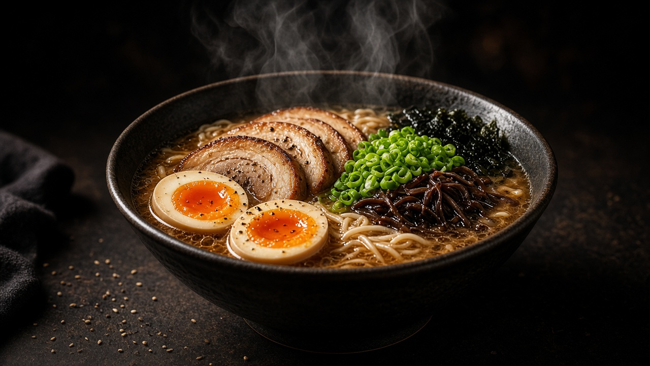 Steaming bowl of ramen with egg, pork and green onion, moody dark background, food photography, original AI food wallpaper