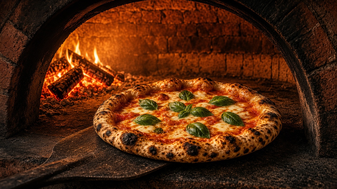 Fresh wood-fired pizza with basil coming out of a glowing brick oven, rustic, original AI food wallpaper